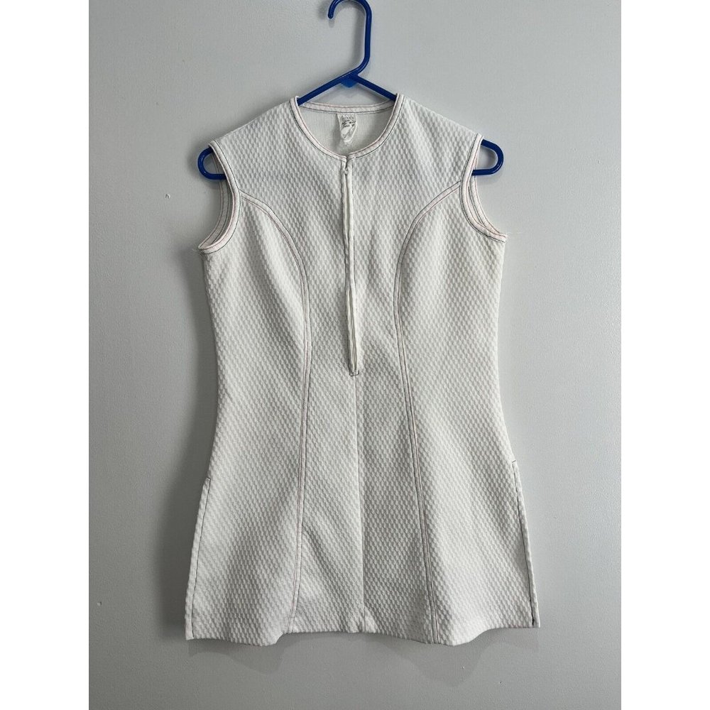 Vintage 70's Sleeveless White Mod Poly Zip front Tunic  Orange/Blue Stitching
